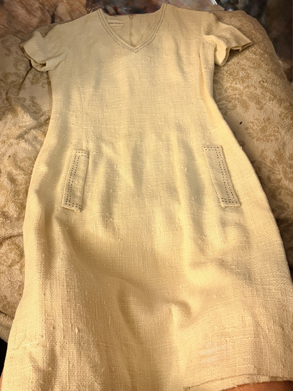 VTG 1960s Howard Wolf Cream Tweed Mod Shift Dress V-Neck Pockets Size 9 (XS)
